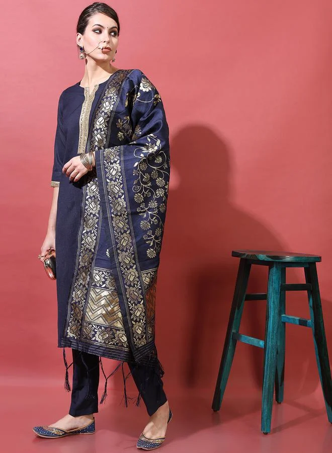 Vishudh Women Navy Blue Printed Kurta Set with Dupatta by Styli