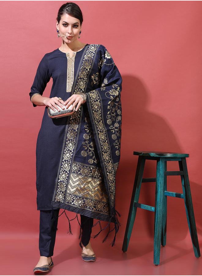 Vishudh Women Navy Blue Printed Kurta Set with Dupatta by Styli  - Image 1
