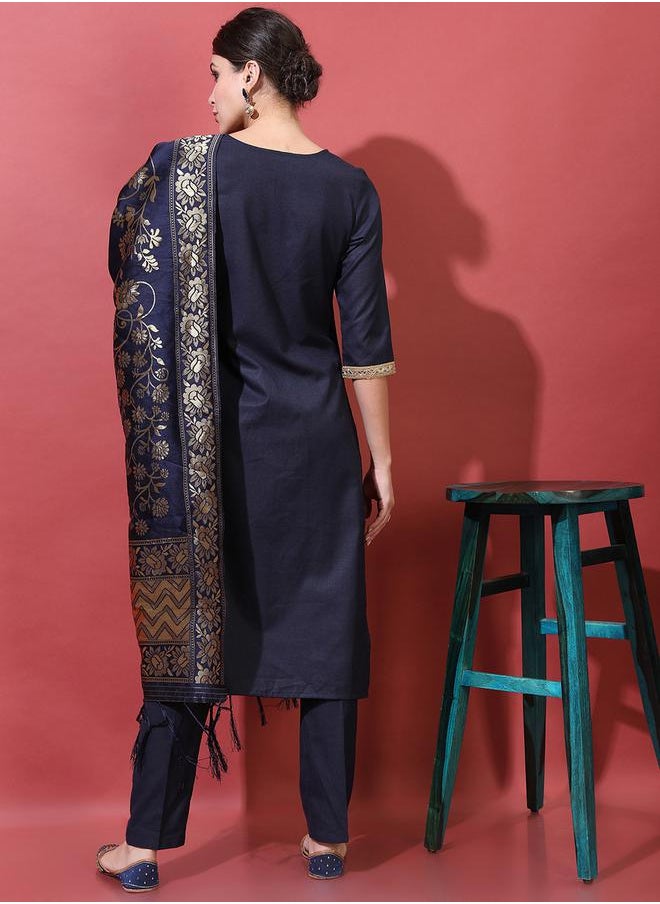 Vishudh Women Navy Blue Printed Kurta Set with Dupatta by Styli  - Image 3