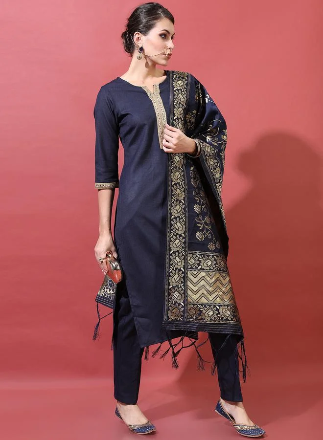 Vishudh Women Navy Blue Printed Kurta Set with Dupatta by Styli