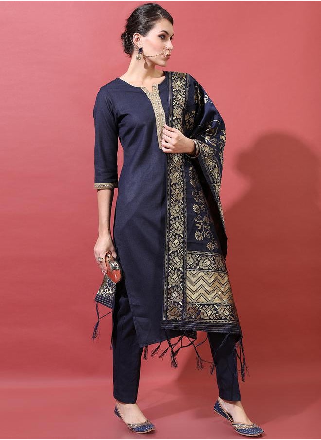 Vishudh Women Navy Blue Printed Kurta Set with Dupatta by Styli  - Image 5