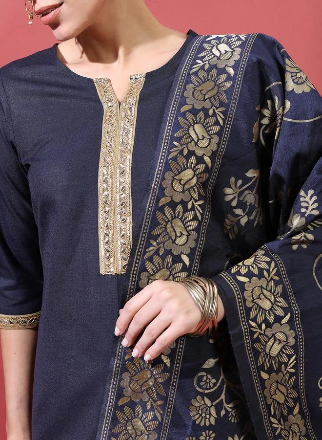 Vishudh Women Navy Blue Printed Kurta Set with Dupatta by Styli