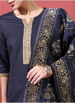 Vishudh Women Navy Blue Printed Kurta Set with Dupatta by Styli  - Image 4