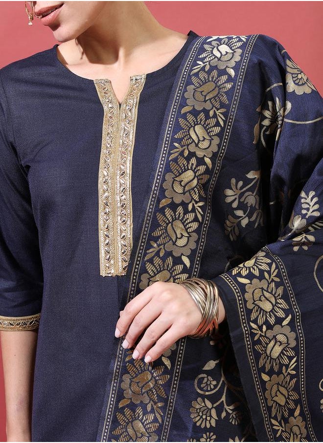Vishudh Women Navy Blue Printed Kurta Set with Dupatta by Styli  - Image 4