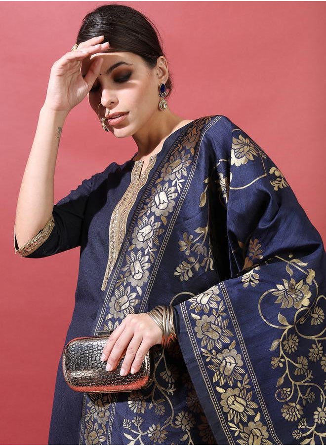 Vishudh Women Navy Blue Printed Kurta Set with Dupatta by Styli  - Image 2