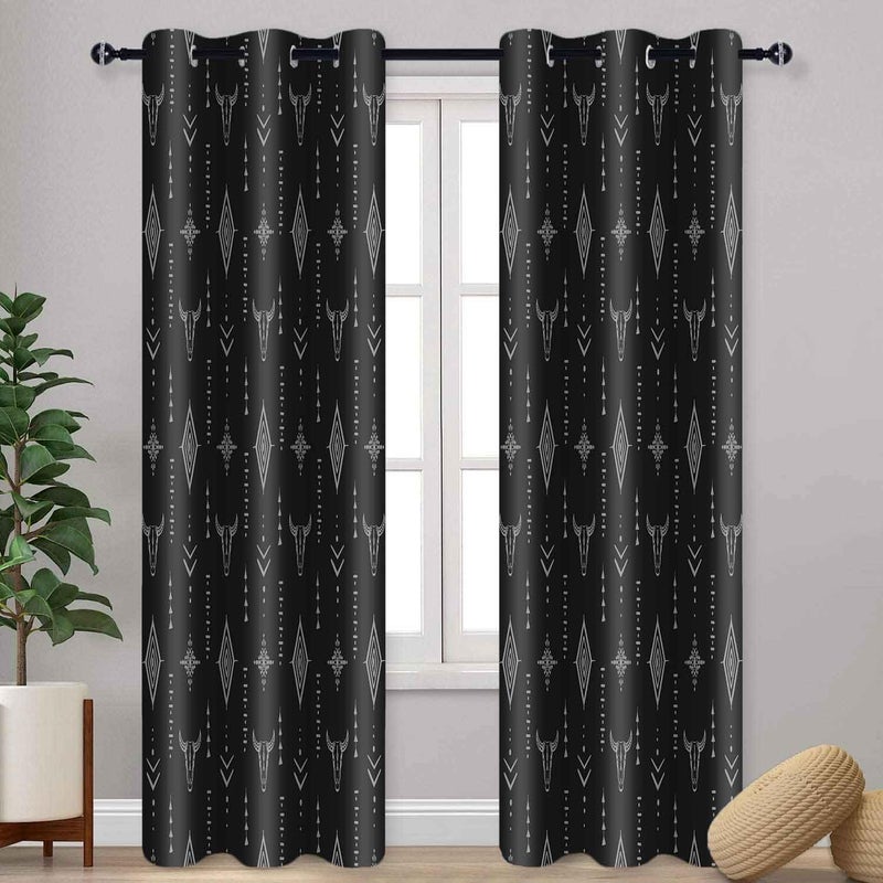 AHBEWIN Tribal Aztec Print Window Curtain Panels 2 Pack, Bull Skull Native Tribal Boho Design Aztec Pattern, Room Darkening Grommets Window Curtains for Living Room 42x84in (Slightly Gray, Not White) - Image 1