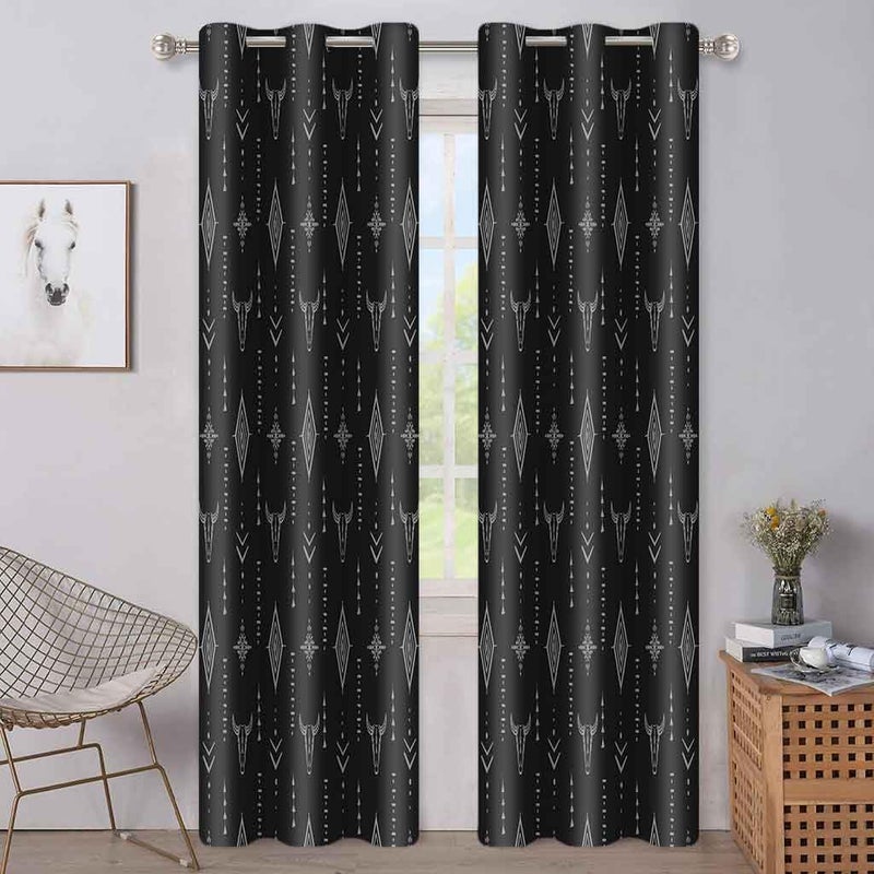 AHBEWIN Tribal Aztec Print Window Curtain Panels 2 Pack, Bull Skull Native Tribal Boho Design Aztec Pattern, Room Darkening Grommets Window Curtains for Living Room 42x84in (Slightly Gray, Not White) - Image 2