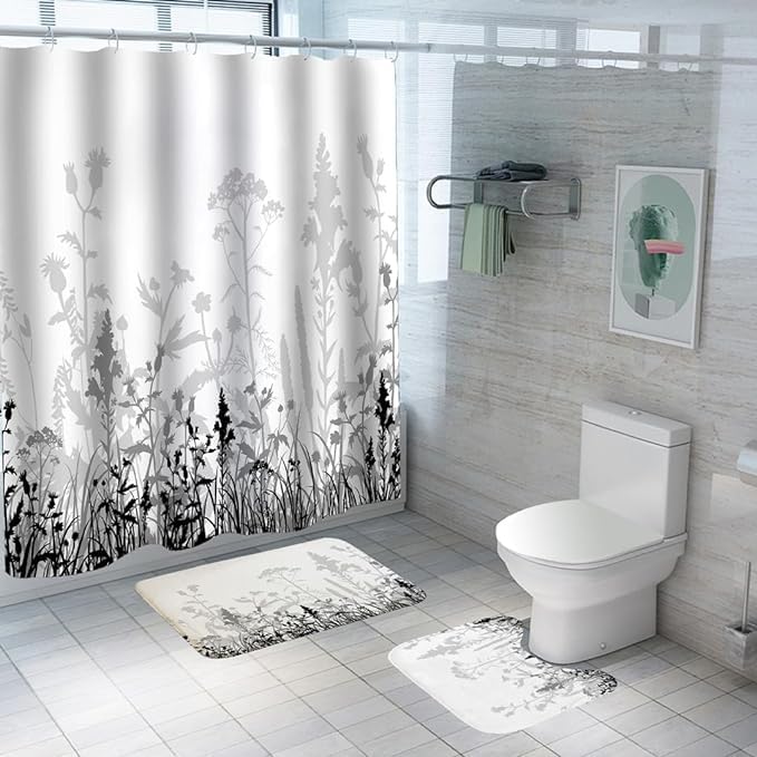 Kuber Industries Kuber Industries Shower Curtain & Bathmat Set | Non-Slip Bath mats for Bathroom | Easy-Slide Curtains | Polyester Curtain or Bathmat for Bath Décor | YF343-3T | 3 Pcs Set | Multicolor  - Image 1