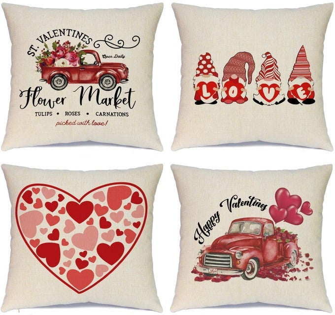 VALENTINES DAY DECORATIONS PILLOW COVERS 18X18 INCH SET OF 4 RED HEART AND LOVE DECOR THROW PILLOWS DECORATIVE CUSHION CASES FOR HOME WEDDING PARTY