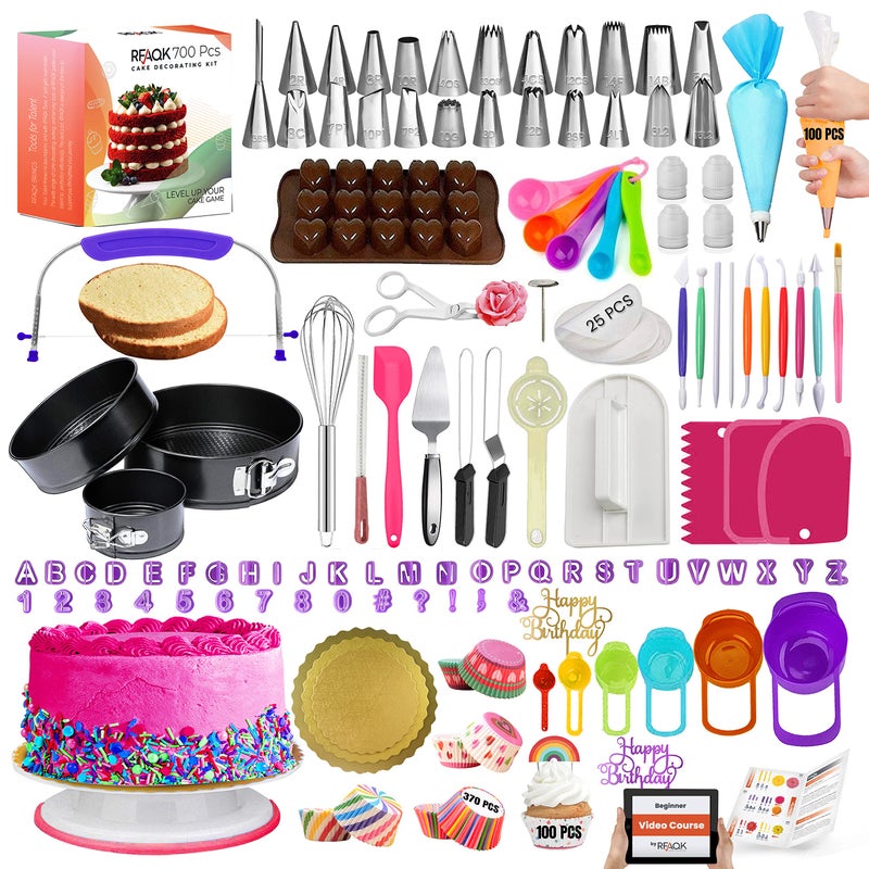 RFAQK 700PCs Cake Decorating Kit with Baking Supplies Cake Turntable for Decorating with Baking Pans Leveler 24 Numbered Piping Tips 2 Spatulas Fondant Tools Video Course Pattern Chart More