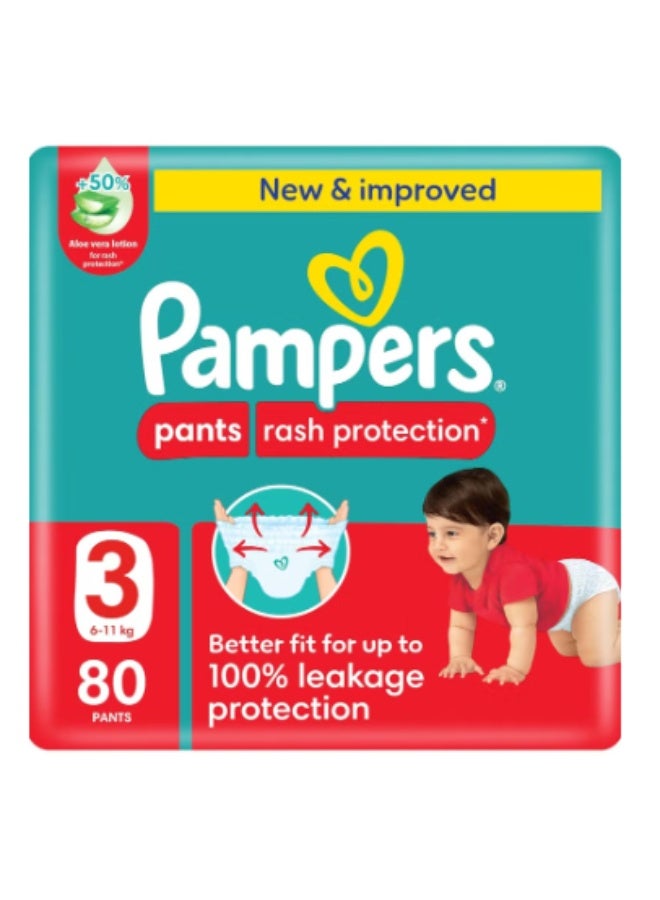 Pampers Rash Protection Pants Diapers, Size 3, 6-11kg, +50% Aloe Vera Lotion, 360° Leak-Free Fit for up to 100% Leakage