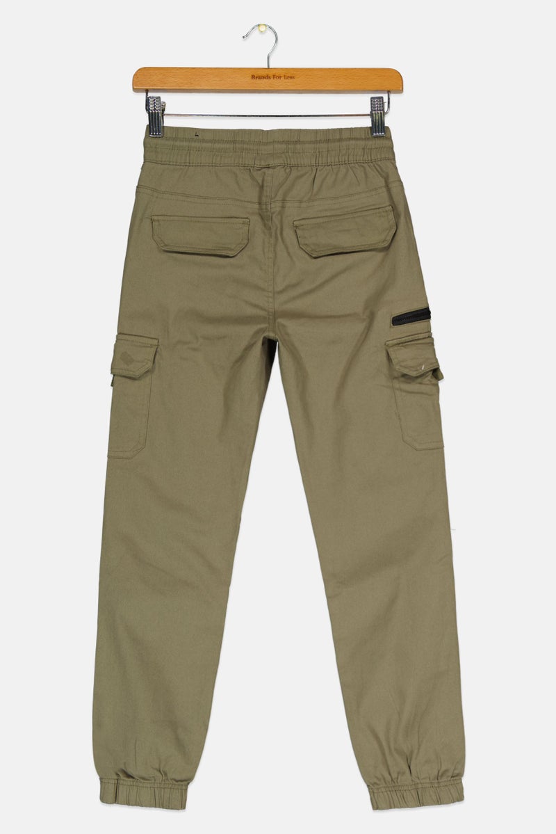 Hawk Kids Boy Plain Drawstring Cargo Pants, Olive  - Image 2
