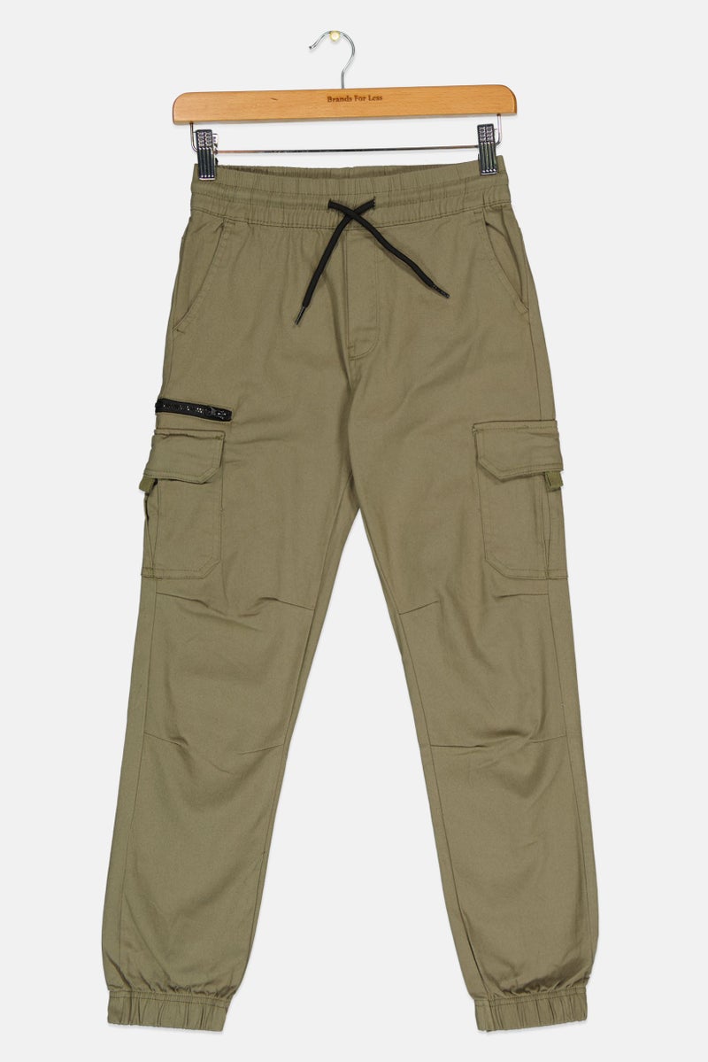 Hawk Kids Boy Plain Drawstring Cargo Pants, Olive  - Image 1