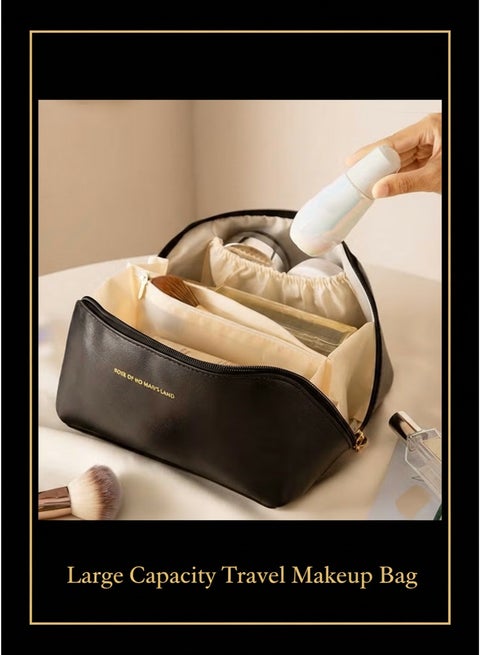 Large Capacity Travel Makeup Bag, Waterproof PU Leather Toiletry Bag with Divider and Handle, Portable Makeup Organizer