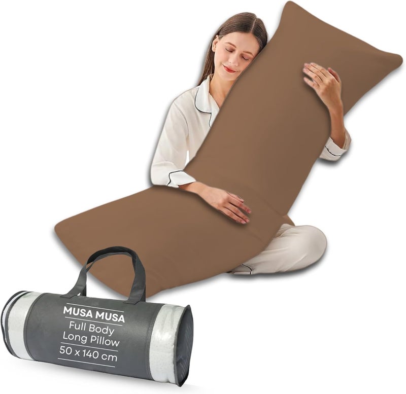 MUSA MUSA® Full Body Long Pillow with 300 Cotton TC - Breathable Polyester Filling, Pregnancy Pillow for Belly Support, Sleeping, Side Sleeper & Back Sleepers Maternity Pillow (Brown, 50 x 140cm) - Image 1