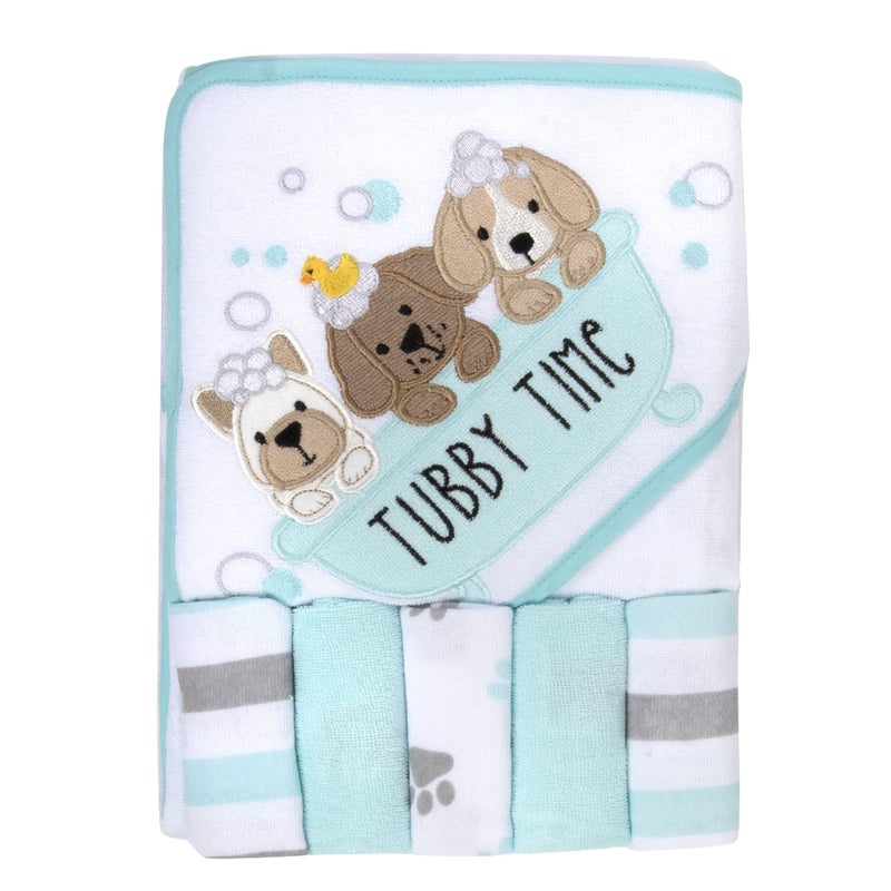 Baby Essentials Baby Hooded Towel and Washcloth Set for Infants, Boys and Girls 6-12 Months (Pristine Pups) - Image 1