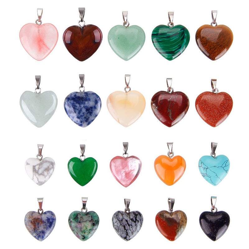 Keyzone 20 Pieces Heart Shaped Stone Pendants Charms Crystal Chakra Beads for DIY Necklace Jewelry Making 2 Sizes Assorted Color