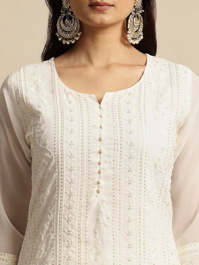 RATAN Women's Georgette Straight Lucknowi Chikankari Regular Fit Ethnic Wear Kurta (Van-1244-L_Off White) - Image 5