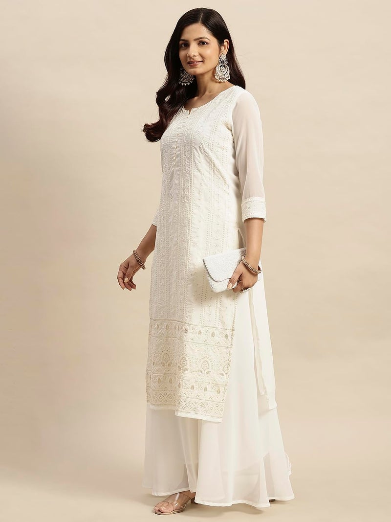 RATAN Women's Georgette Straight Lucknowi Chikankari Regular Fit Ethnic Wear Kurta (Van-1244-L_Off White) - Image 4