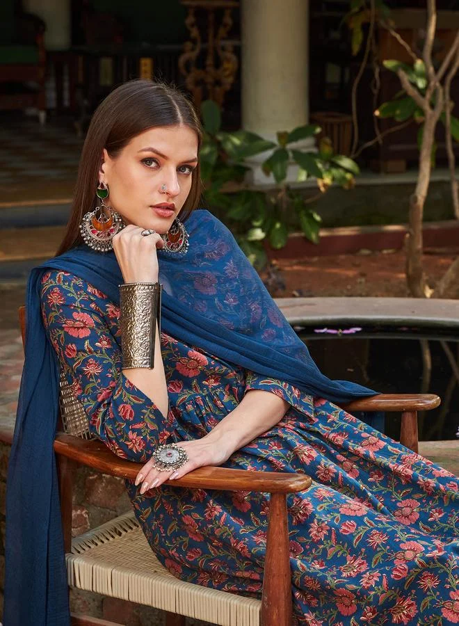 SASSAFRAS SASSAFRAS Navy Floral Front Dori Gathered Kurta with Pencil Pants and Dupatta Set