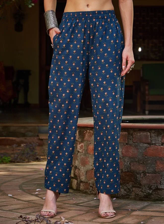 SASSAFRAS SASSAFRAS Navy Floral Front Dori Gathered Kurta with Pencil Pants and Dupatta Set