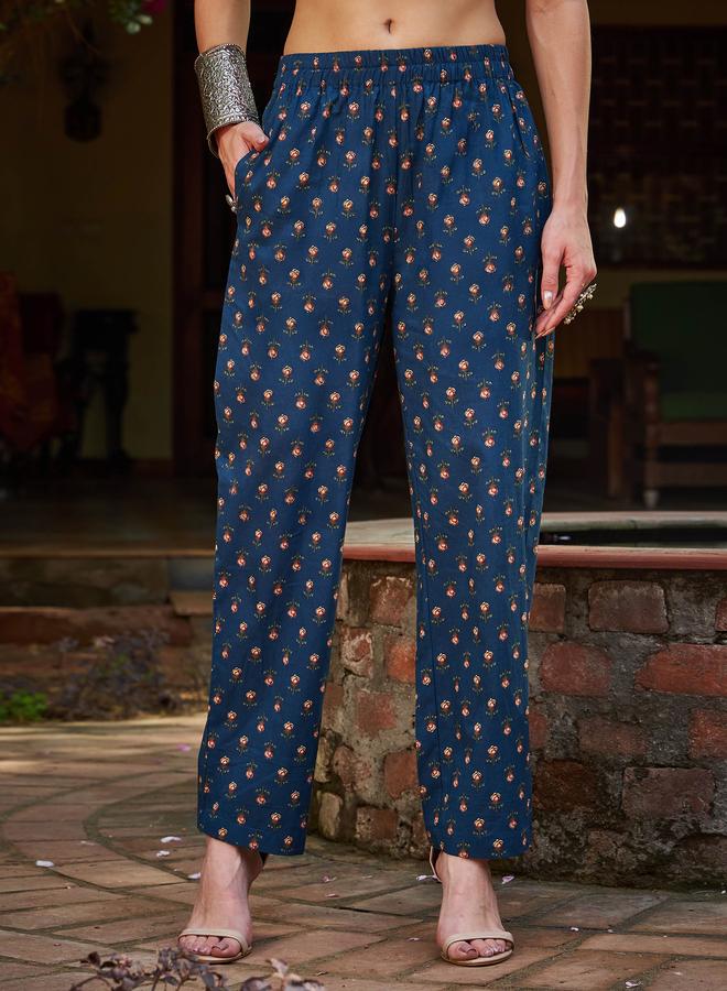 SASSAFRAS Navy Floral Front Dori Gathered Kurta with Pencil Pants and Dupatta Set - Image 5