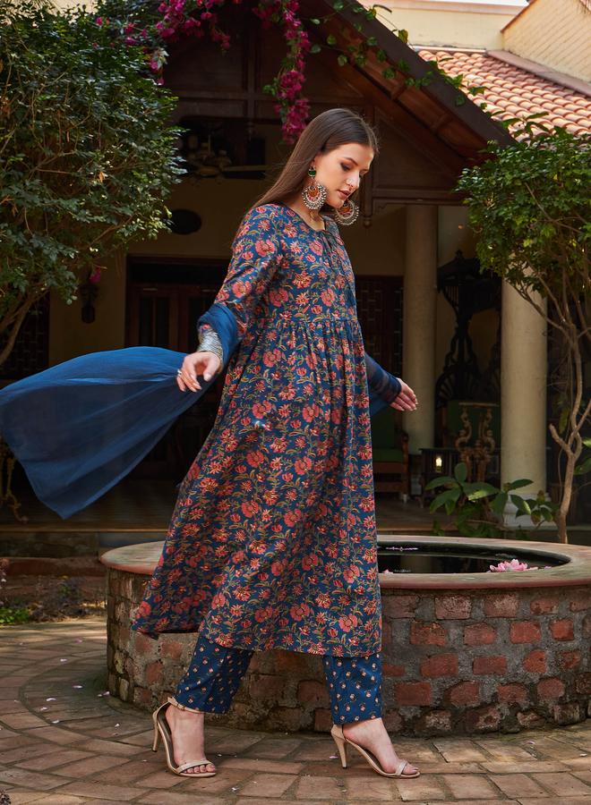 SASSAFRAS Navy Floral Front Dori Gathered Kurta with Pencil Pants and Dupatta Set - Image 3