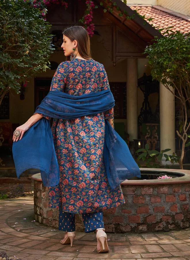 SASSAFRAS SASSAFRAS Navy Floral Front Dori Gathered Kurta with Pencil Pants and Dupatta Set