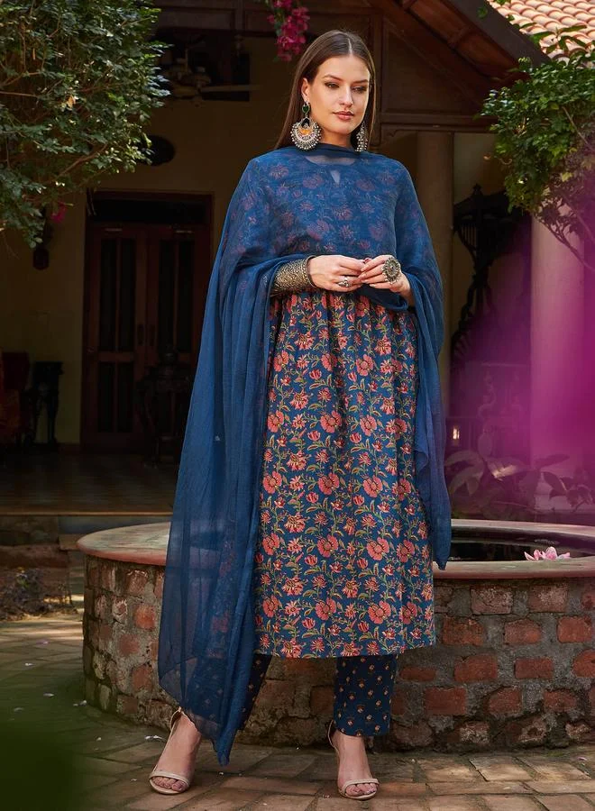 SASSAFRAS SASSAFRAS Navy Floral Front Dori Gathered Kurta with Pencil Pants and Dupatta Set