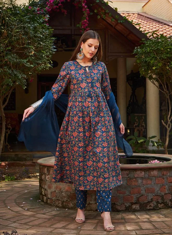 SASSAFRAS SASSAFRAS Navy Floral Front Dori Gathered Kurta with Pencil Pants and Dupatta Set