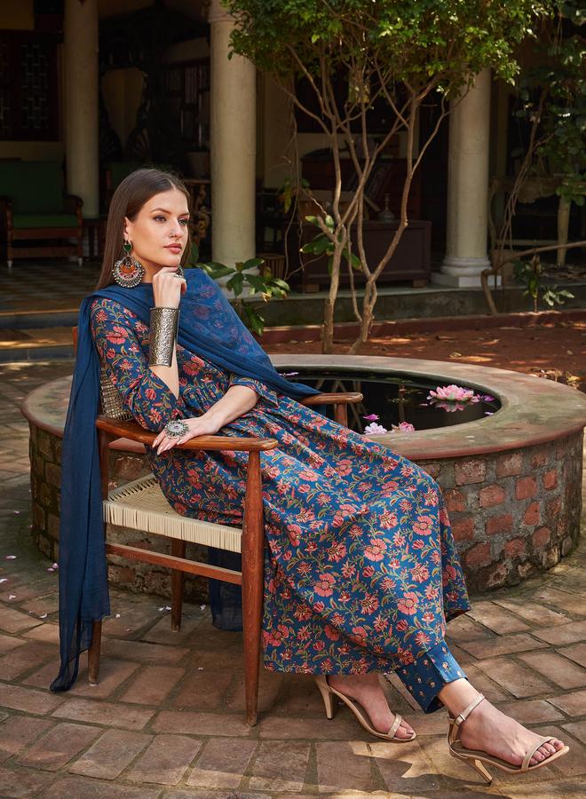 SASSAFRAS Navy Floral Front Dori Gathered Kurta with Pencil Pants and Dupatta Set - Image 2