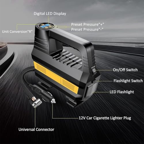 Ash  Roh ASH & ROH High-Speed Air Compressor Pump with Digital & Analog Pressure Display, Bright LED, and Nozzle Accessories for Quick Inflation Vehicles Cars, Bikes (Digital) - Image 5