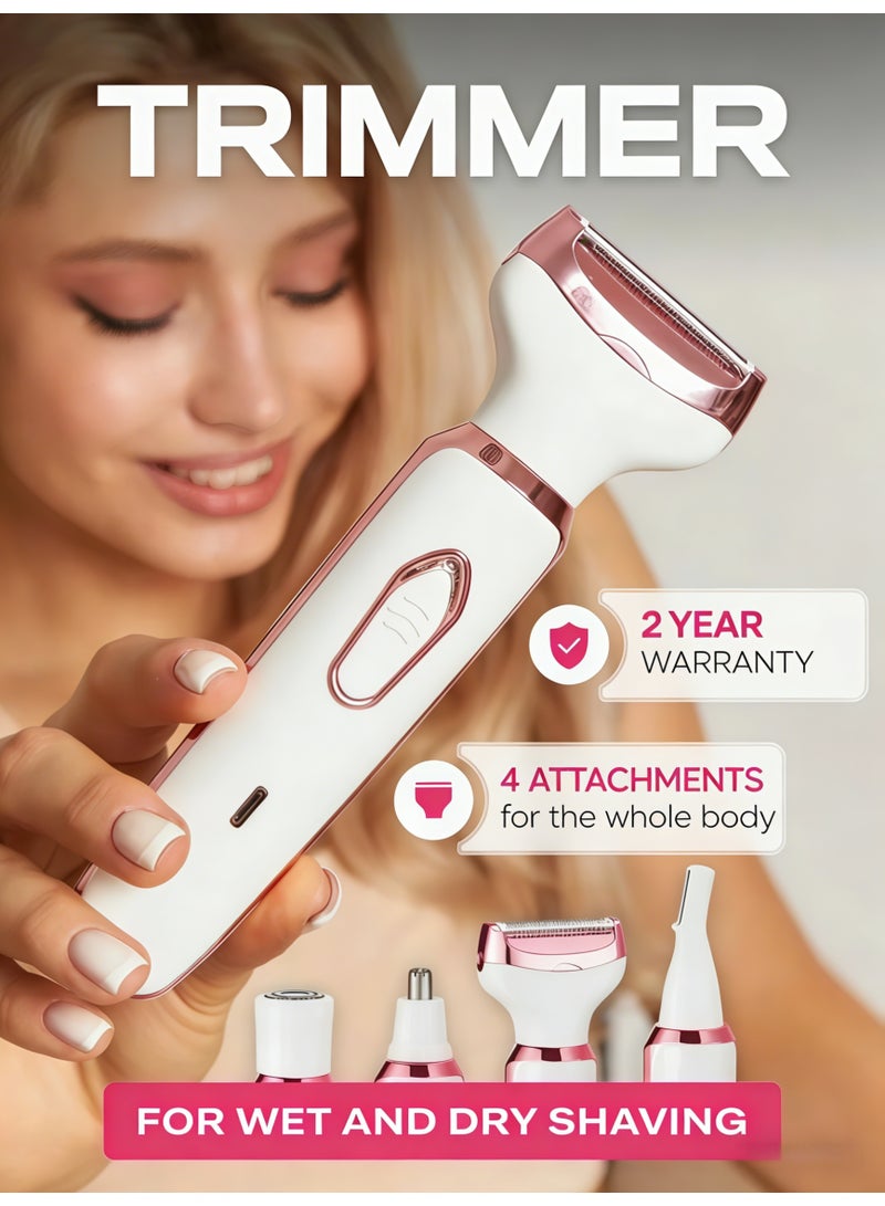 XiuWoo Electric Trimmer for Women, 4-in-1 Women's Body Hair Removal, Public Shaver,Bikini Trimmer,Painless Epilator,Portable Ladies Shaver,Women's Shaver Cordless Wet and Dry,Epilator, USB Rechargeable,Replaceable Blade Heads,for Legs Bikini Facial Nose Ears Eyebrows Body - Image 1