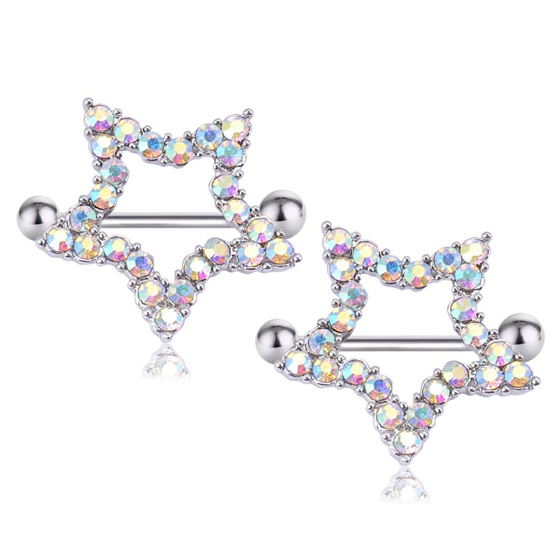 CrazyPiercing 1Pair Rhinestone Paved Star Nipple Piercing Rings Barbells 14Gauge (AB Colorful) - Image 1