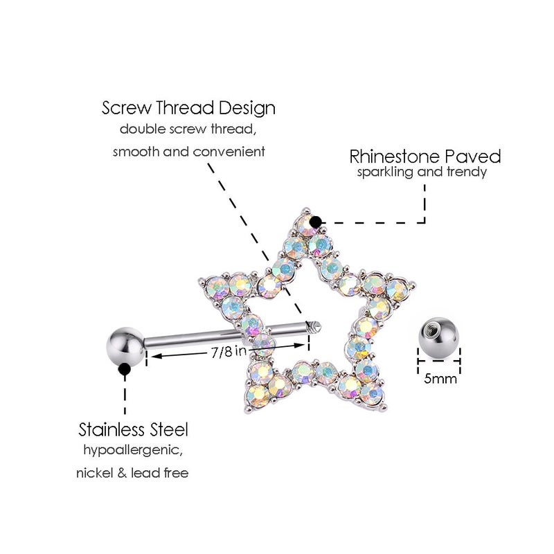 CrazyPiercing 1Pair Rhinestone Paved Star Nipple Piercing Rings Barbells 14Gauge (AB Colorful) - Image 2