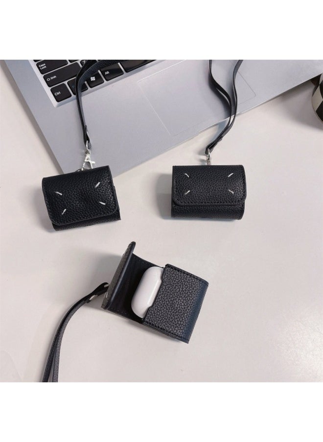 Generic - Black Leather Case For Apple Airpods3 Protective Case Pro2 Generation Bluetooth Phone Rope AirPods Case 4-Color:Black Leather Sleeve Diagonal Chain-Applicable Model:AirPods 4（2024） - Image 1