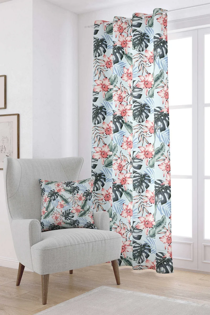 كانغو هوم Pink Blue Tropical Flower Patterned Digital Printed Curtain OTYK712-PR