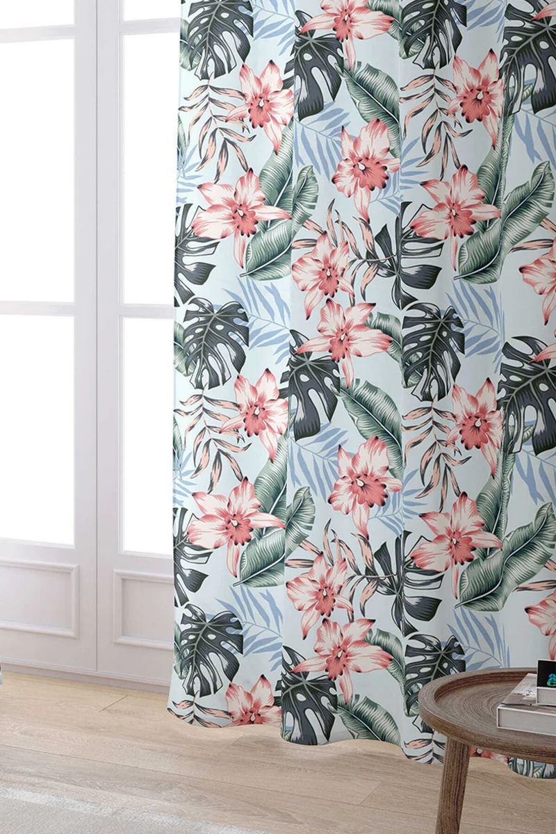 كانغو هوم Pink Blue Tropical Flower Patterned Digital Printed Curtain OTYK712-PR