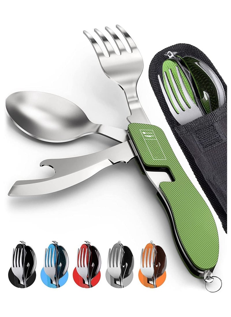 SYOSI - 4-in-1 Camping Utensils, 2 Pack Portable Stainless Steel Spoon, Fork, Knife & Bottle Opener Combo Set, for Travel, Backpacking Cutlery Multitool, Folding Knife and Fork Spoon Combination (Green) - Image 1