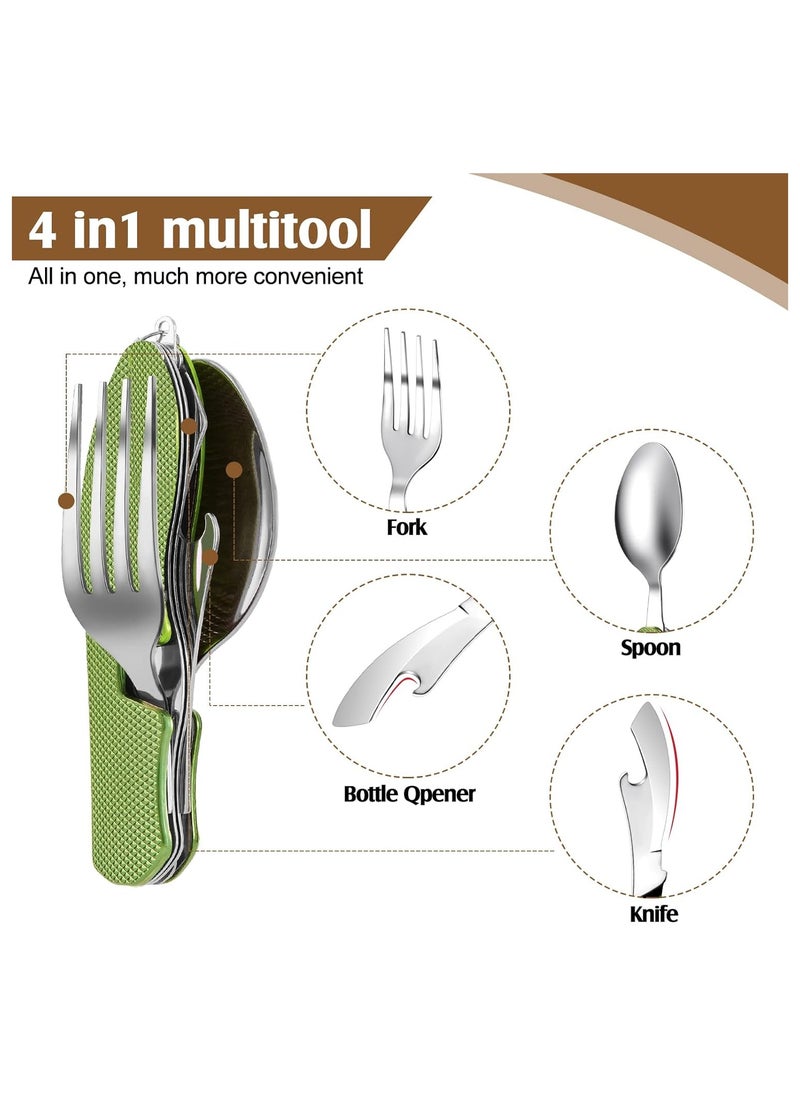 SYOSI - 4-in-1 Camping Utensils, 2 Pack Portable Stainless Steel Spoon, Fork, Knife & Bottle Opener Combo Set, for Travel, Backpacking Cutlery Multitool, Folding Knife and Fork Spoon Combination (Green) - Image 1