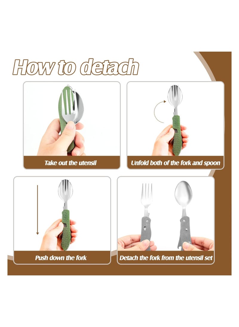 SYOSI - 4-in-1 Camping Utensils, 2 Pack Portable Stainless Steel Spoon, Fork, Knife & Bottle Opener Combo Set, for Travel, Backpacking Cutlery Multitool, Folding Knife and Fork Spoon Combination (Green) - Image 1