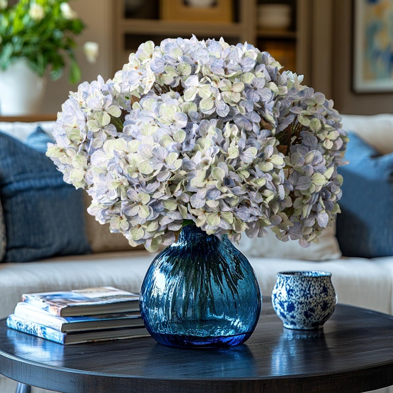 Uqueeten Artificial Flower Fake Silk Hydrangea Heads Bouquet with Stems Bulk for Fall Decoration Table Center Christmas Indoor Outdoor Faux Floral Realistic with Leaves Plants Crafts 8PCS(Blue) - Image 1