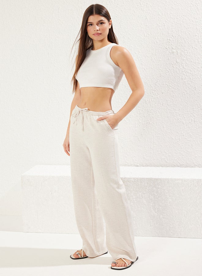 trendyol Beige Linen Blend Thin Comfortable Fabric Elastic Waist Wide Leg Woven Trousers - Image 2