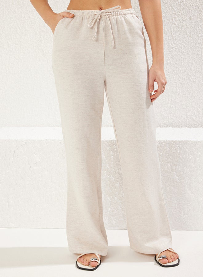 trendyol Beige Linen Blend Thin Comfortable Fabric Elastic Waist Wide Leg Woven Trousers - Image 4
