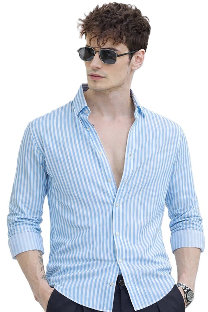 U TURN Men's Casual Printed Striped Stylish Latest Formal Shirt for Men Plus Size Shirt for Men (in, Alpha, 2XL, SkyBlue Stripe) - Image 1