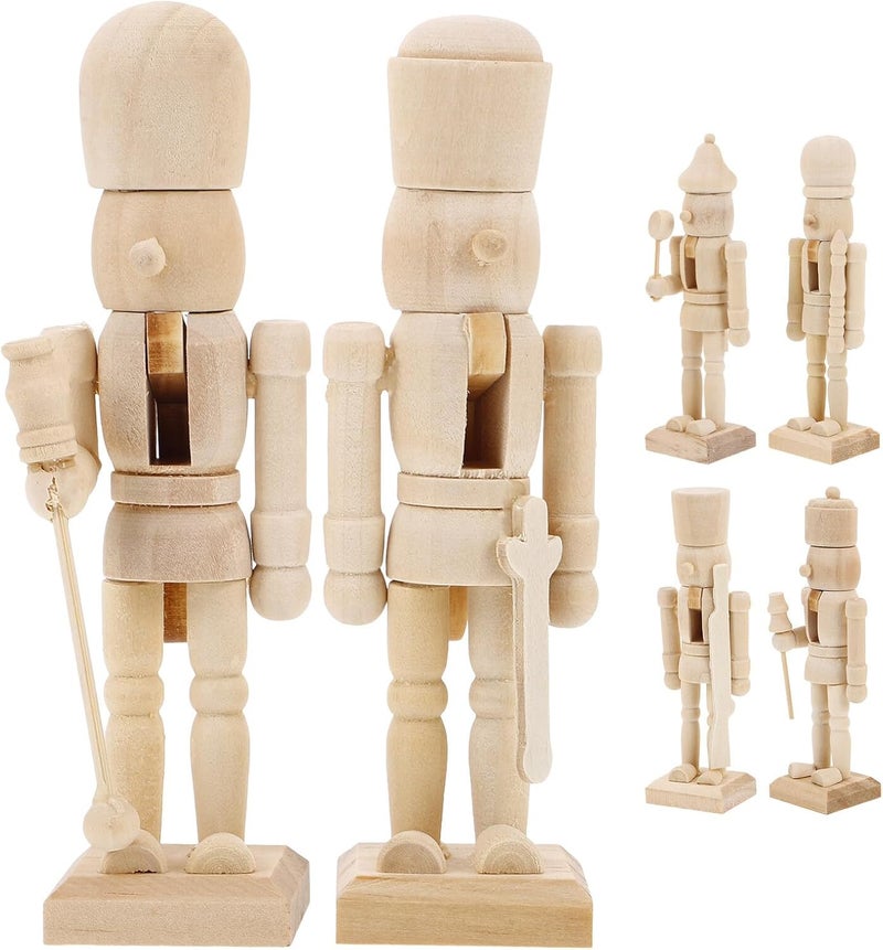 Toyvian 6pcs 12cm DIY Wooden Nutcracker Puppet Set, Unpainted Christmas Nutcracker Soldier Dolls for Tabletop Decoration and Holiday Craft Projects Random Style - Image 1