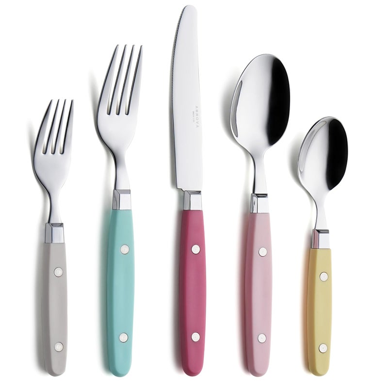 ANNOVA Silverware Set, Retro/Rivet Colorful Stainless Steel Tableware Kitchen Flatware Set Utensils, Includes Dinner Knives, Forks, Spoons, Salad Forks & Dessert Spoons (Pastel Mix, 20 Pieces) - Image 1