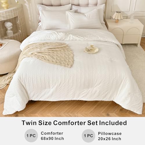 tohrisa Boho Comforter Set Twin Size Striped Pleats Bohemian Seersucker Bedding Set All Season Soft Cozy 2 Pieces Quilt with 1 Pillowcase(68"X90" White) - Image 5