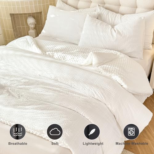 tohrisa Boho Comforter Set Twin Size Striped Pleats Bohemian Seersucker Bedding Set All Season Soft Cozy 2 Pieces Quilt with 1 Pillowcase(68"X90" White) - Image 4