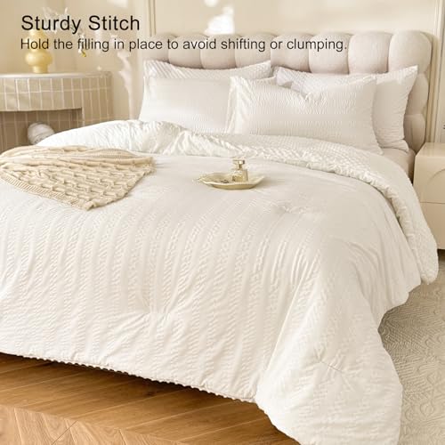 tohrisa Boho Comforter Set Twin Size Striped Pleats Bohemian Seersucker Bedding Set All Season Soft Cozy 2 Pieces Quilt with 1 Pillowcase(68"X90" White) - Image 2